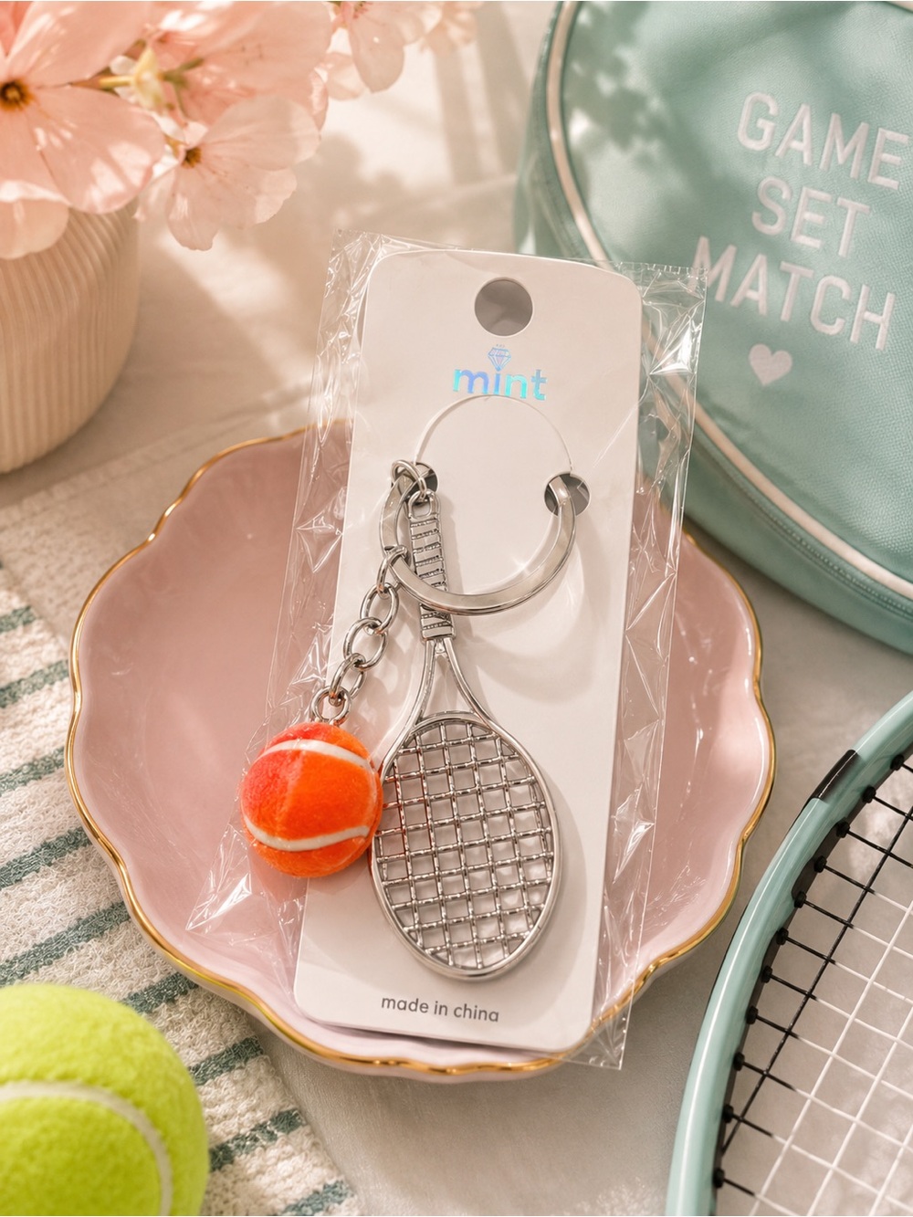 🎾 Mint Silver Tennis Racket Keychain with Orange Ball Charm
